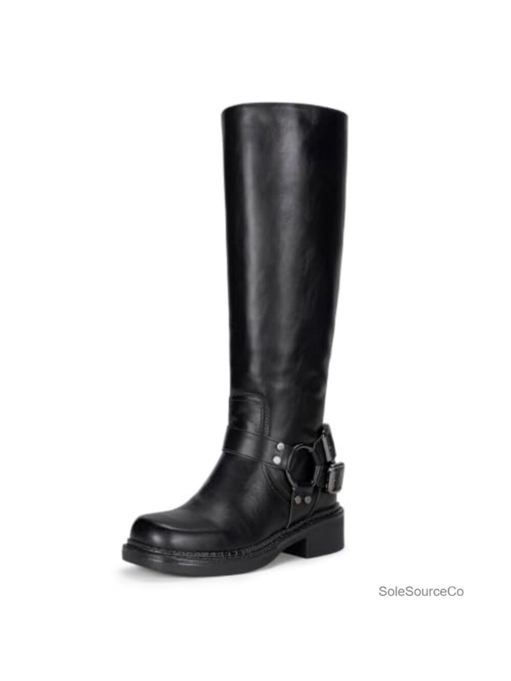 Knee High Riding Boots Square Toe Faux Leather Buckle Harness Women's